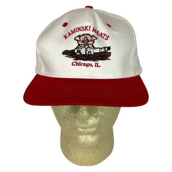 Kaminski Meats Chicago IL Embroidered Hat Cap Pig White Red Snapback KC Caps - Picture 1 of 8